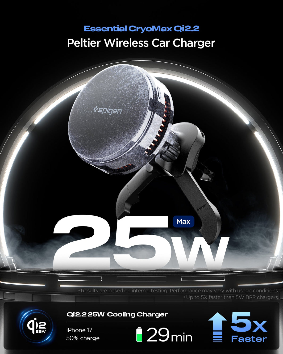 ACP10511 - Spigen Essential Qi2.2 Hook Car Mount (Mag Fit) showing the peltier wireless car charger