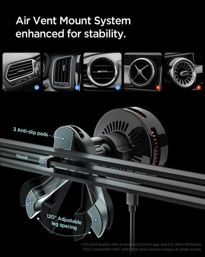 ACP10511 - Spigen Essential Qi2.2 Hook Car Mount (Mag Fit) showing the air vent mount system enhanced for stability