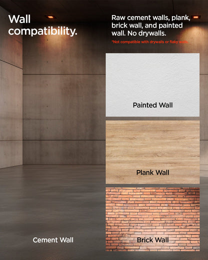 ACP10400 - Garage Wall Protector | WP100 showing the wall compatibility. Raw cement walls, plank, brick wall, and painted wall. No drywalls