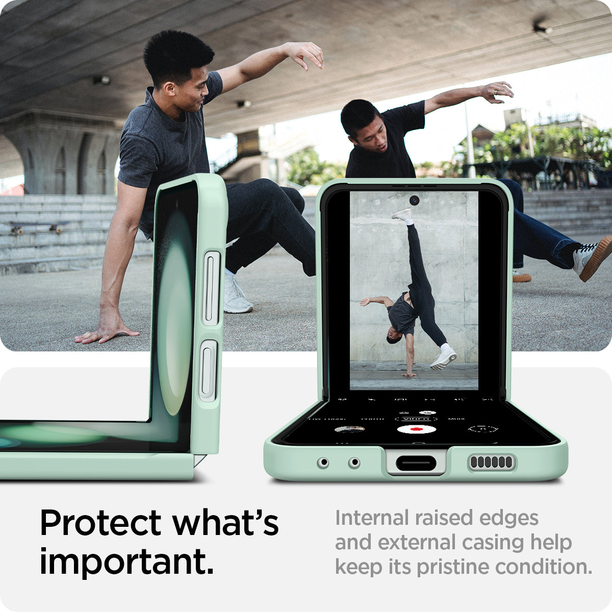 ACS06871 - Galaxy Z Flip 5 Case Air Skin in apple mint showing what's important. Internal raised edges and external casing help keep its pristine condition