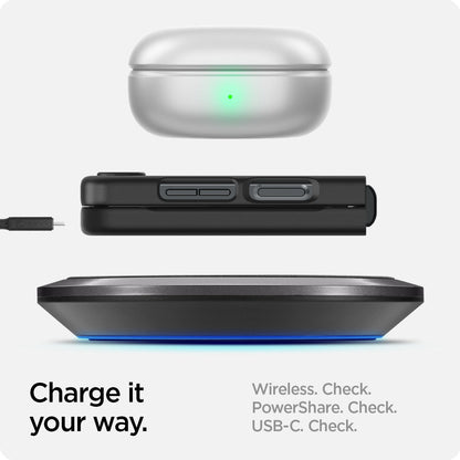 ACS06229 - Galaxy Z Flip 5 Case AirSkin in black showing the charge it your way. Wireless, PowerShare and USB-C all check