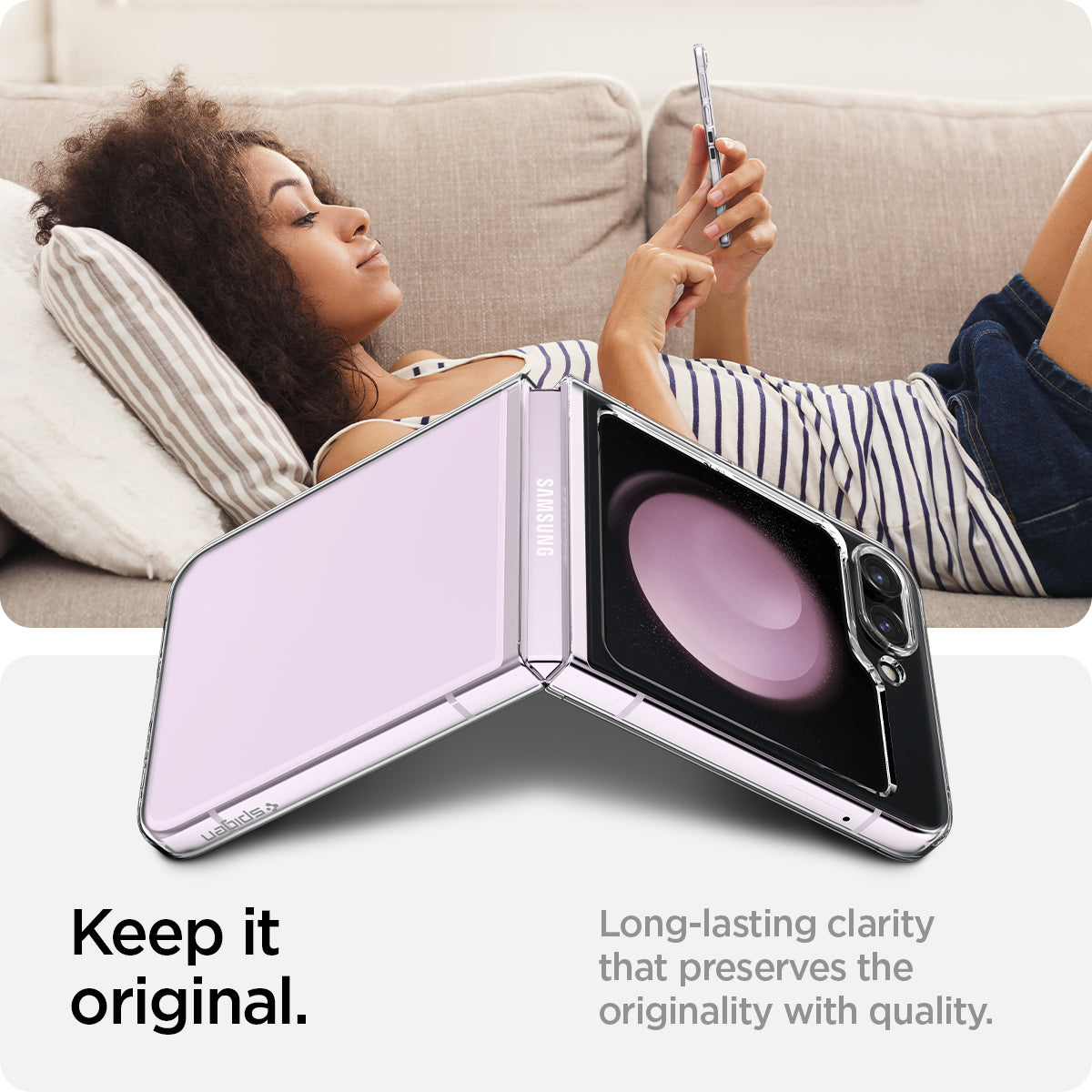 ACS06230 - Galaxy Z Flip 5 Case AirSkin in crystal clear showing the long-lasting clarity that preserves the originality with quality