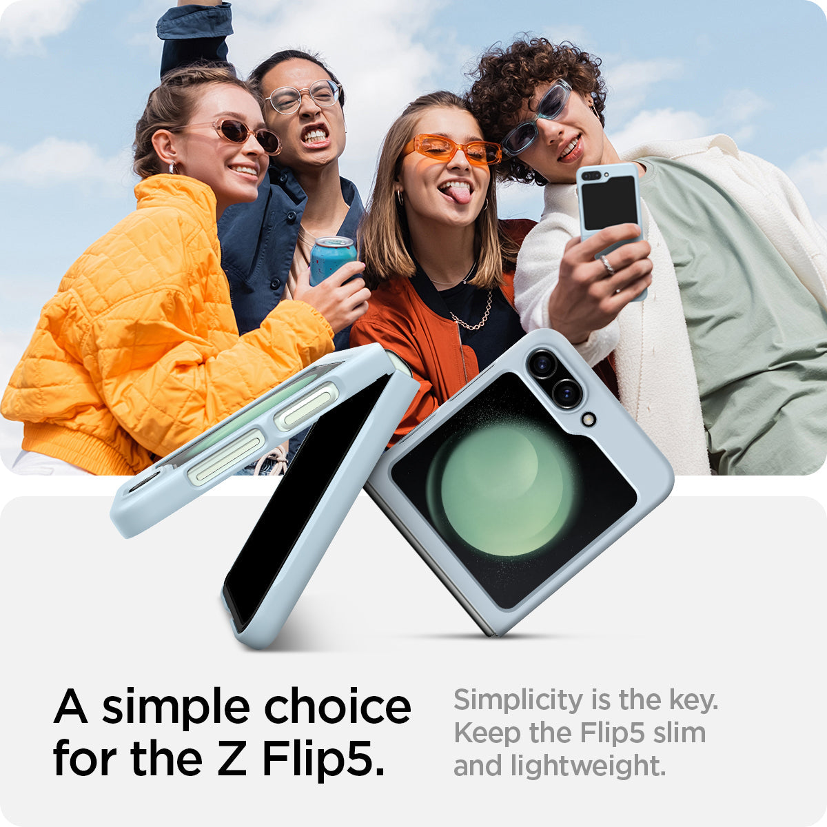 ACS06233 - Galaxy Z Flip 5 Case AirSkin in mute blue showing the simple choice for the Z Flip 5. Simplicity is the key. Keep the Flip 5 slim and lightweight