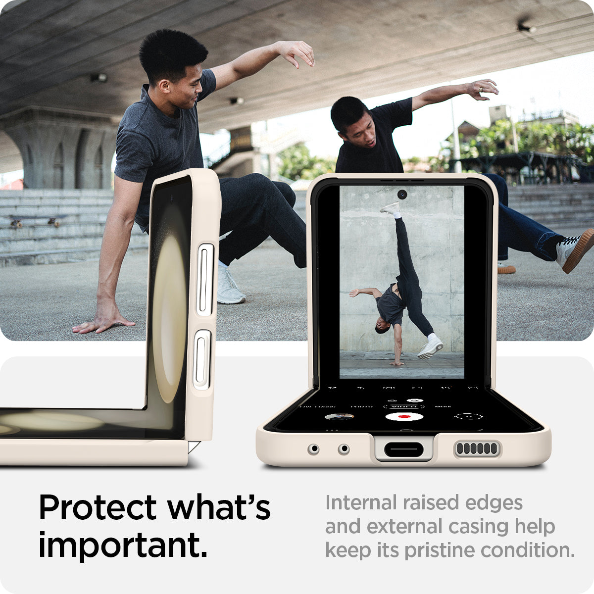 ACS06231 - Galaxy Z Flip 5 Case AirSkin in pearled ivory showing what's important. Internal raised edges and external casing help keep its pristine condition