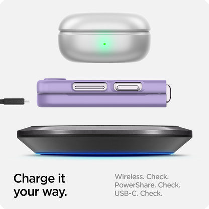 ACS06232 - Galaxy Z Flip 5 Case AirSkin in rose purple showing the charge it your way. Wireless, PowerShare and USB-C all check