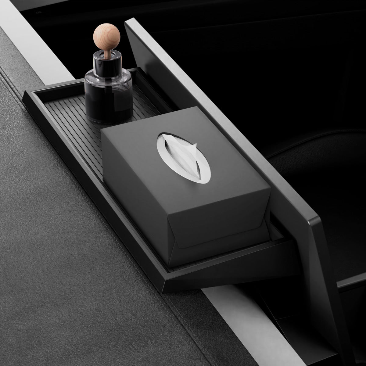 ACP08261 - Tesla Cybertruck Under Screen Organizer CO227 in Black showing the top with stuffs placed on top