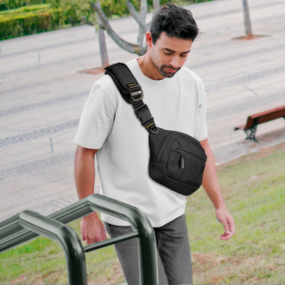 AFA07482 - Sling Bag KD410 in Black showing the bag on a man outside
