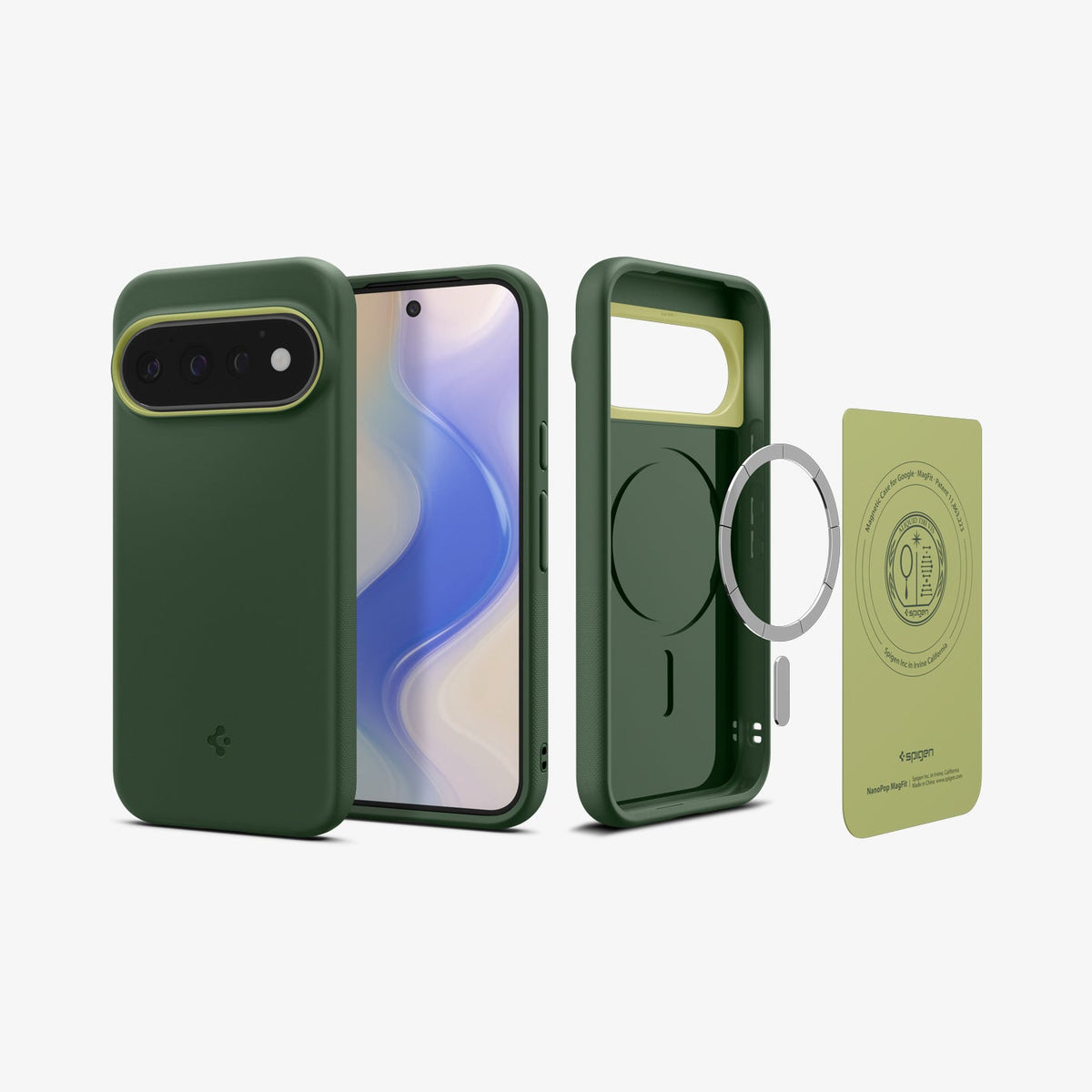 ACS11436 - Pixel 11 Pro Nano Pop (Mag Fit) Avo Green front, back, and exploded views showing the magnetic construction and internal components of the case.