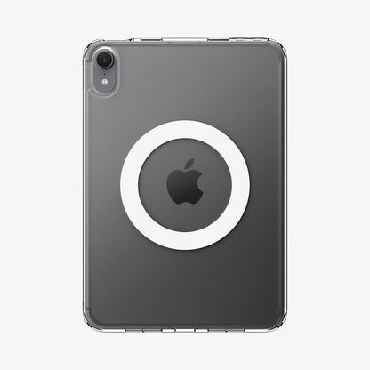 ACS11623 - Back of the clear white Spigen case for iPad Mini showing a built-in magnetic ring around the Apple logo for MagSafe compatibility