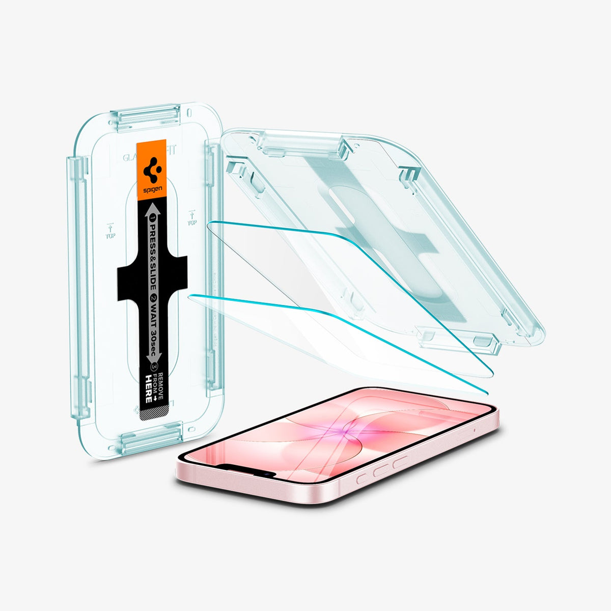 AGL03386 - iPhone 17e Series - EZ Fit GLAS.tR | Sensor Protected showing the ez fit alignment tray, two screen protectors and iPhone
