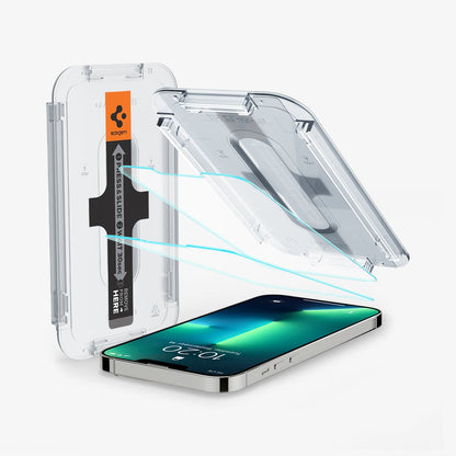 AGL03385 - iPhone 13 / iPhone 13 Pro Screen Protector EZ FIT GLAS.tR SLIM showing the device with two screen protectors and ez fit alignment tray