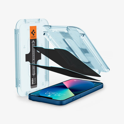 AGL03399 - iPhone 13 Mini Screen Protector EZ FIT GLAS.tR Privacy showing the device, two screen protectors and ez fit tray