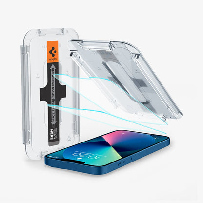 AGL03396 - iPhone 13 Mini Screen Protector EZ FIT GLAS.tR SLIM showing the device with two screen protectors and ez fit alignment tray