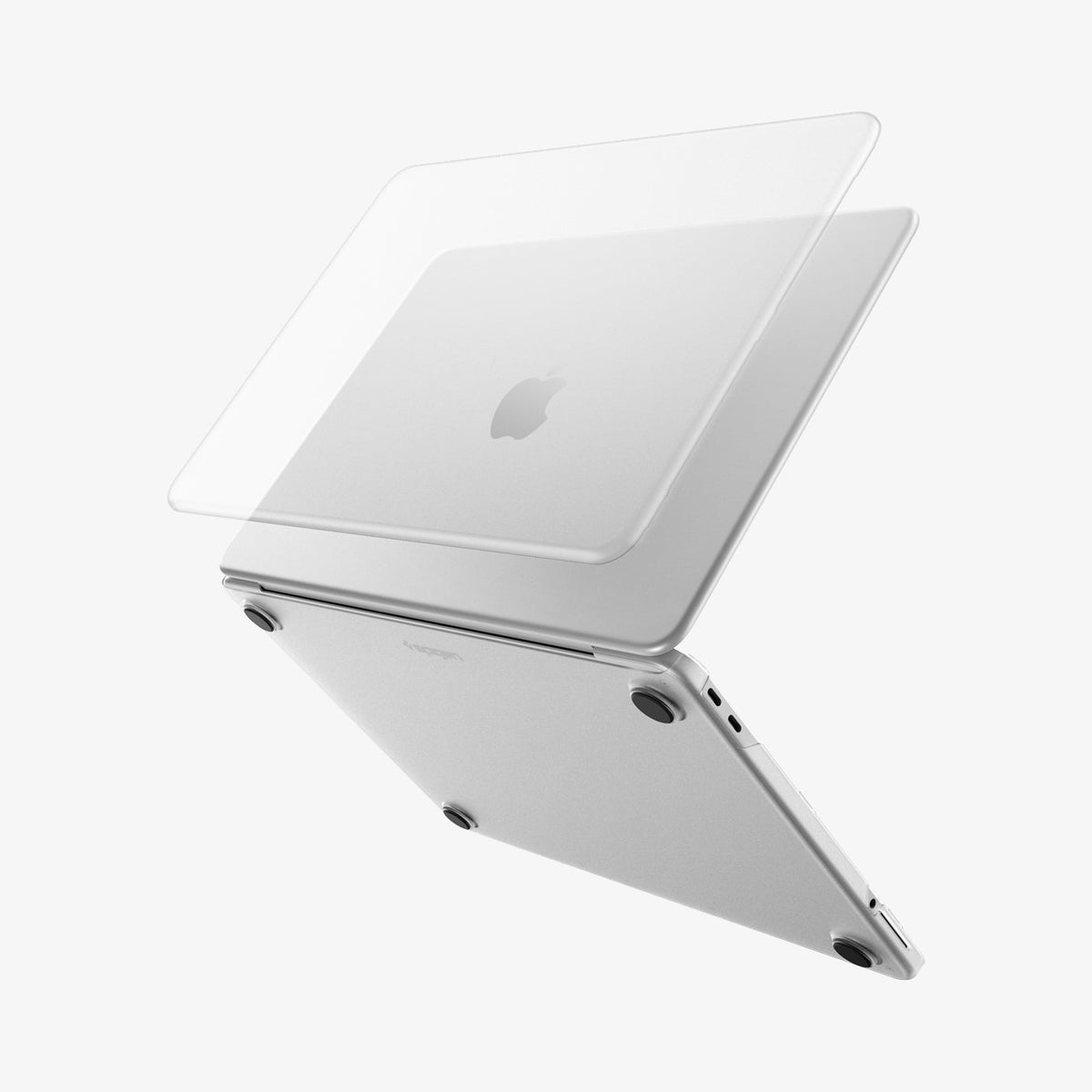 ACS11543 - MacBook Neo 13-inch Air Skin in Frost Clear showing the top shell of the Frost Clear case lifting away from the MacBook to illustrate the two-piece snap-on design