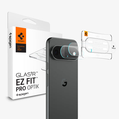 AGL11484 - Pixel 11 Pro Optik EZ Fit Lens Protector lens protector set with alignment tray positioned over the rear camera lenses.