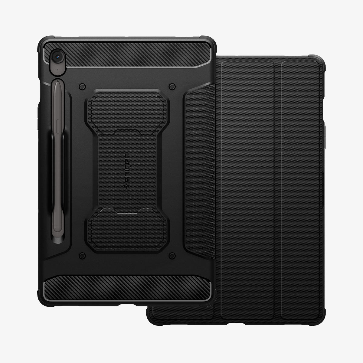 ACS09381 - Galaxy Tab S10 FE+ Case Rugged Armor Pro in Matte Black showing the back and partial front