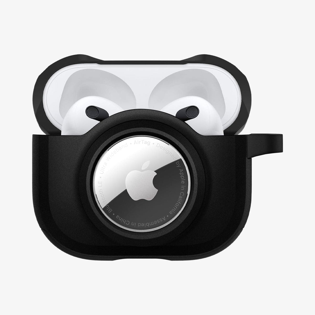 ACS03168 - Apple AirPods 3 Tag Armor Duo in black showing the front with top open and AirPods inside