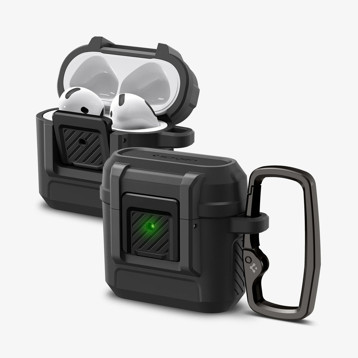ACS09020 - AirPods 4 Case Lock Fit in Matte Black showing the front, inner and partial side with carabiner