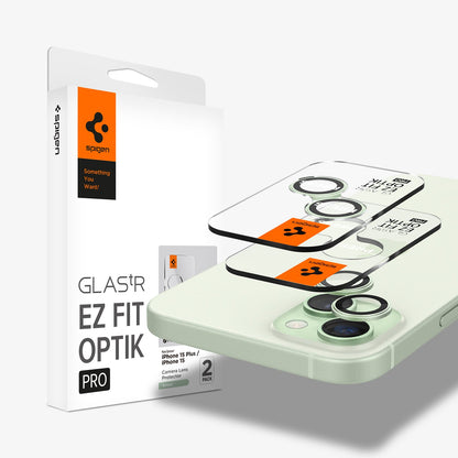 AGL07169 - iPhone 15 Plus Optik Pro EZ Fit Lens Protector in Green showing the two optic lens hovering above the device and the packaging