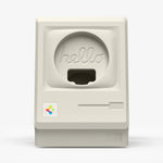 AMP11668 - Apple Watch Classic LS Charger Stand classic Macintosh inspired charger stand with retro computer details and circular charging cable opening.