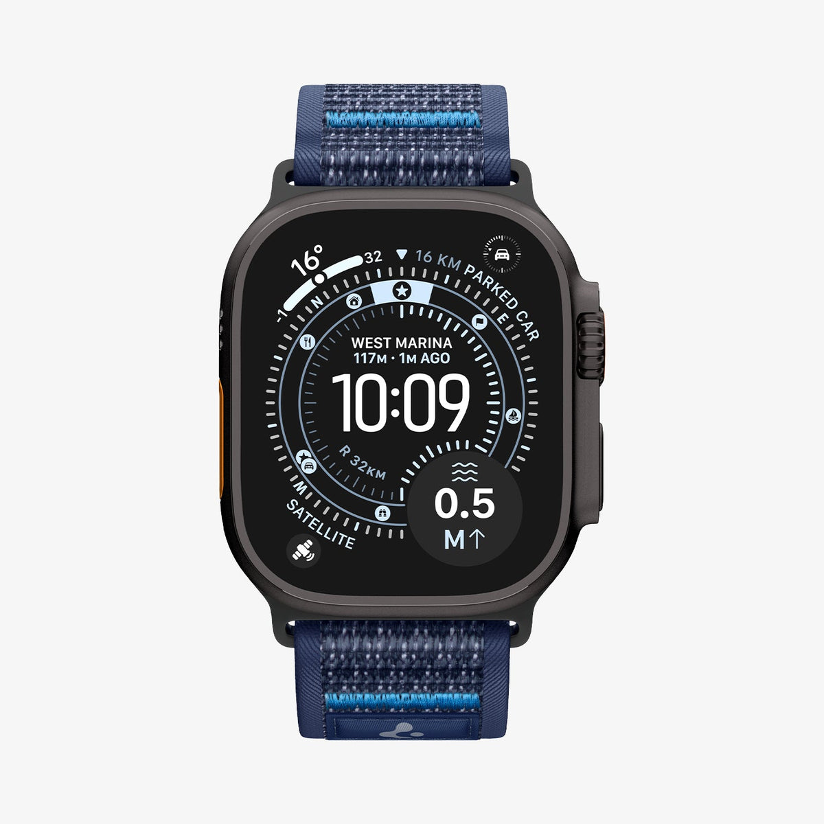 AMP10608 - Apple Watch Ultra Athlex Air 2 band navy featuring rugged woven strap and Apple Watch Ultra with navigation focused watch face