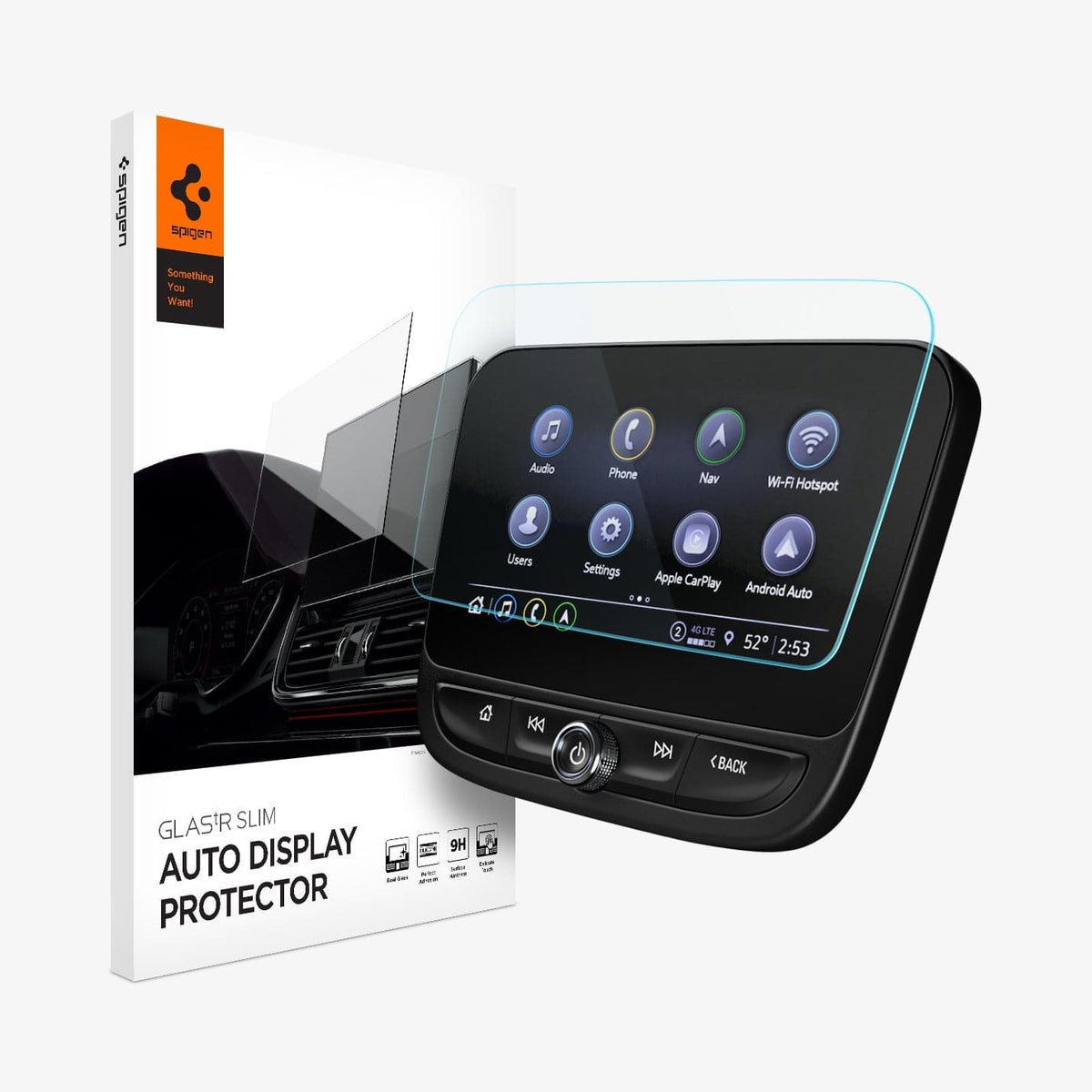 AGL05925 - Chevrolet Equinox / Malibu Screen Protector GLAS.tR SLIM Anti-Glare showing the touch screen display, screen protector and packaging