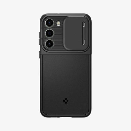 ACS05733 - Galaxy S23 Case Optik Armor in black showing the back with lens slot open