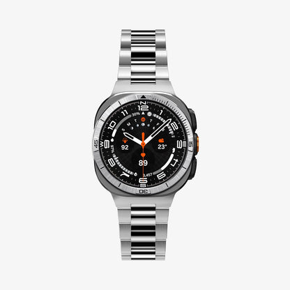 ACS11616 - SWUb Bezel Tune Silver showing the case's front view fitted with a silver metal link bracelet band