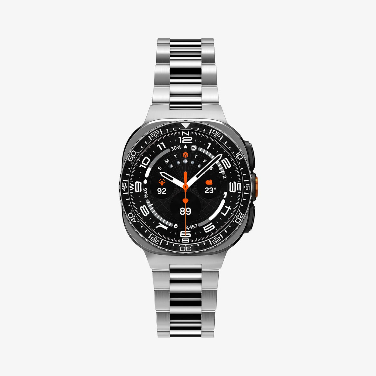 ACS11617 - SWUb Bezel Tune Black showing the case's front view fitted with a black link bracelet band