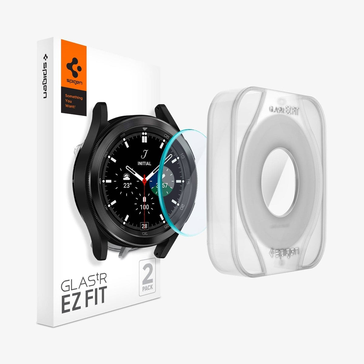 AGL03747 - Galaxy Watch 4 Classic (42mm) Screen Protector EZ FIT GLAS.tR showing the packaging, watch face, screen protector and EZ Fit alignment tray