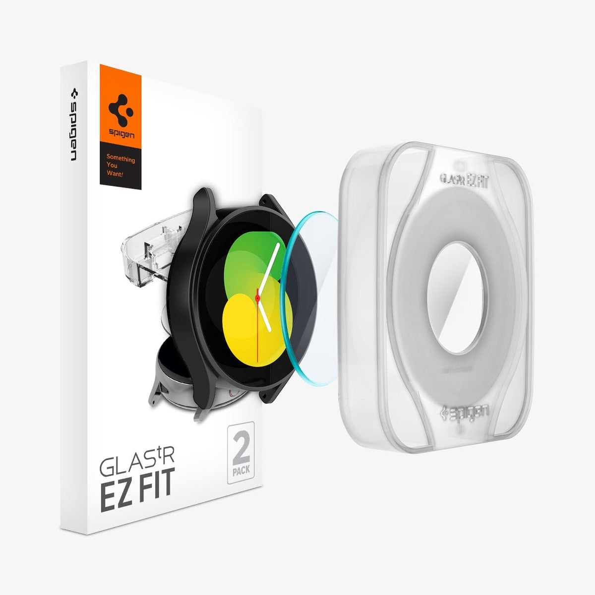 AGL03429 - Galaxy Watch 5/4 (44mm) Screen Protector EZ FIT GLAS.tR showing the packaging, screen protector and EZ fit alignment tray