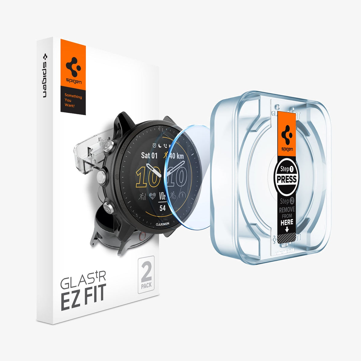 AGL05993 - Garmin Forerunner 955 Screen Protector EZ FIT Glas.tR showing the device, screen protector, ez fit tray and packaging