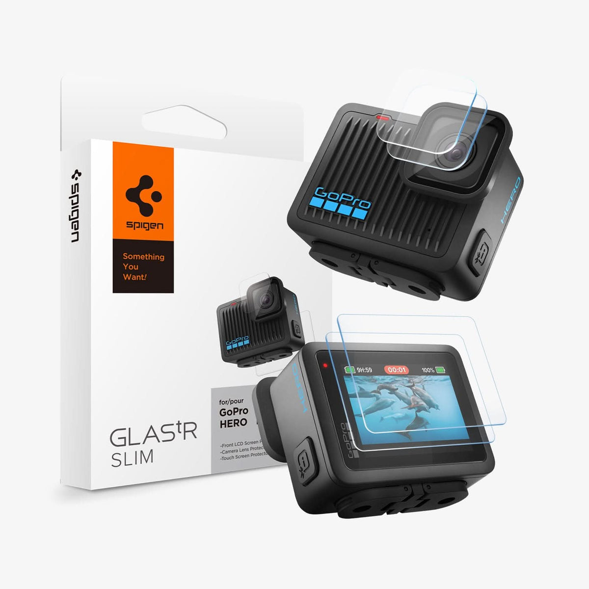 AGL09190 - HERO Glas.tR SLIM in Clear showing the front and back of device, screen protectors and packaging