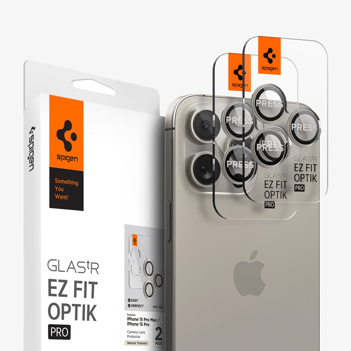 AGL07163 - iPhone 16 Pro / 16 Pro Max Optik Pro Lens Protector in natural titanium showing the device, two lens protectors and packaging