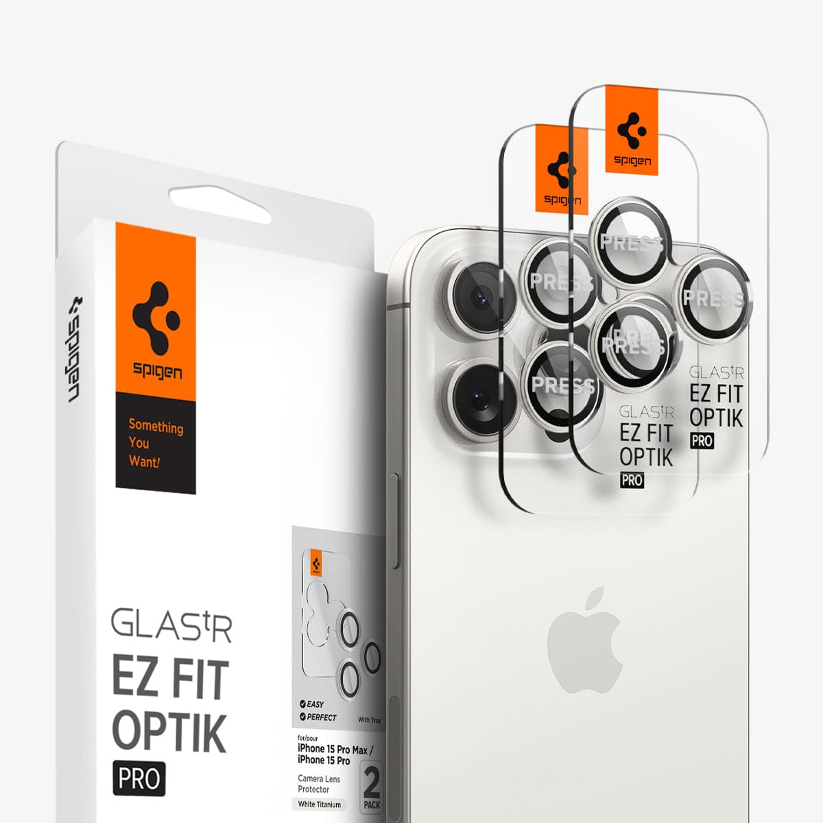 AGL07165 - iPhone 16 Pro / 16 Pro Max Optik Pro Lens Protector in white titanium showing the device, two lens protectors and packaging