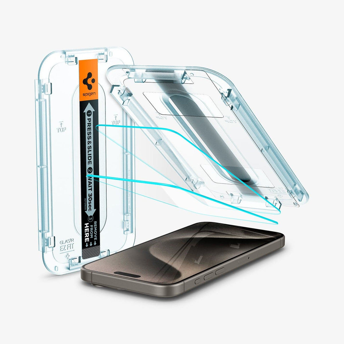 AGL06892 - iPhone 15 Pro Screen Protector EZ FIT GLAS.tR (Sensor Protection) showing the device, two screen protectors and ez fit tray