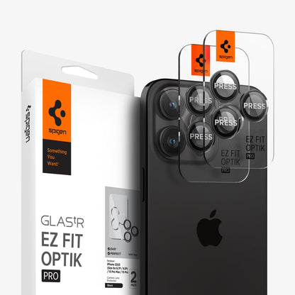 AGL05205 - iPhone 16 Pro / 16 Pro Max Optik Pro Lens Protector in black showing the device, two lens protectors and packaging