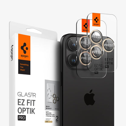 AGL05598 - iPhone 15 Pro / 15 Pro Max Optik Pro Lens Protector in gold showing the device, two lens protectors and packaging