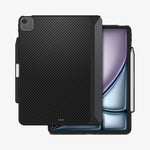 ACS07670 - iPad Air 13-inch (2024) Case Enzo Aramid in Black showing the back and partial front with stylus pen attached