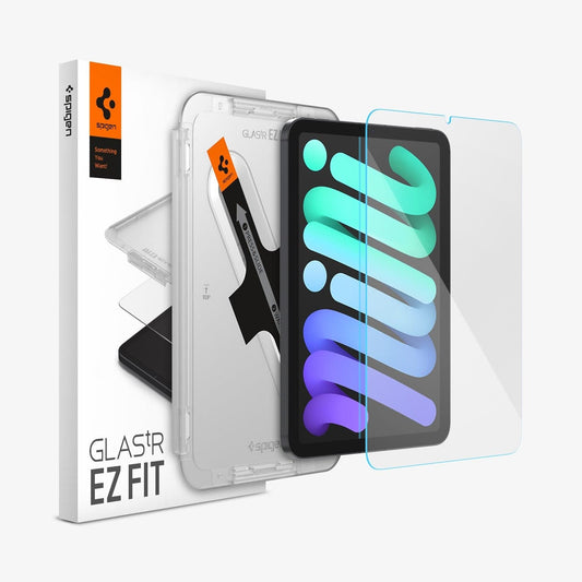 AGL03824 - iPad Mini 6 Screen Protector EZ FIT GLAS.tR showing the device, screen protector, ez fit tray and packaging