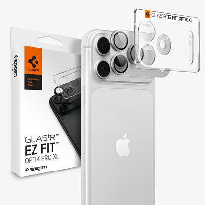 AGL12038 - iPhone 18 Pro Optik Pro XL EZ Fit Lens Protector in Silver showing a camera lens protector with an alignment tray and retail packaging.