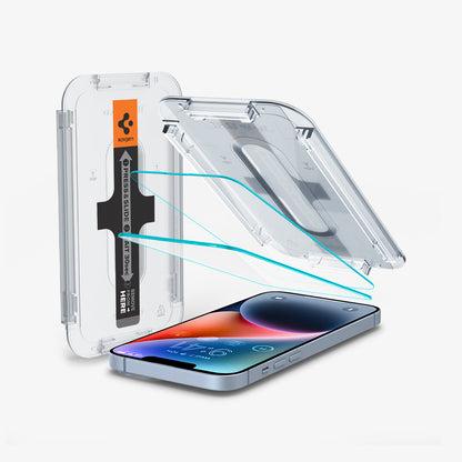 AGL03376 - iPhone 14 Plus Screen Protector EZ FIT GLAS.tR (Sensor Protection) showing the device, two screen protectors, and ez fit tray
