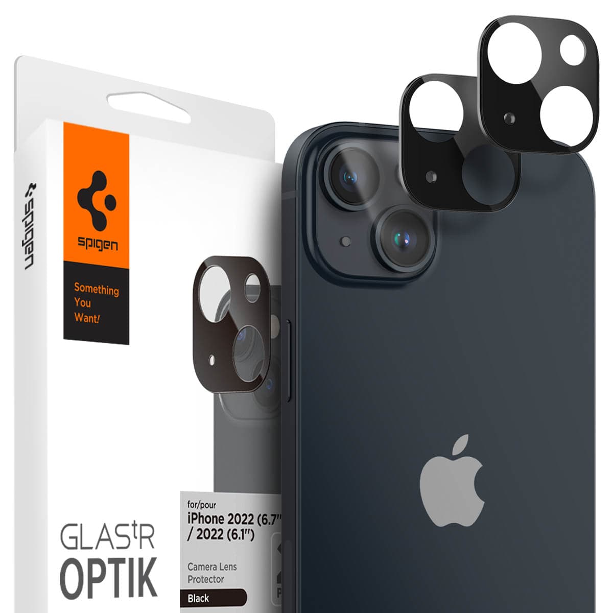 AGL05274 - iPhone 14 / 14 Plus Optik Lens Protector in black showing the device, two optik lens protectors and packaging