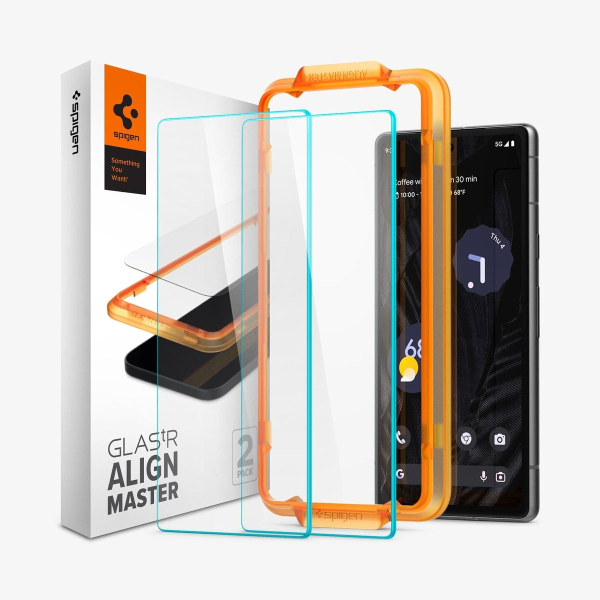AGL05968 - Pixel 7a Screen Protector AlignMaster GLAS.tR showing the device, alignmaster tray, two screen protectors and packaging