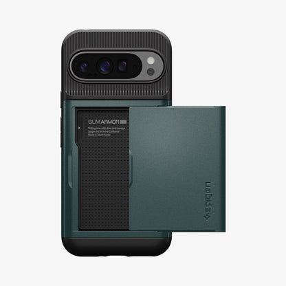 ACS07730 - Pixel 9 Pro XL Case Slim Armor CS in Abyss Green showing the back, and card slider open
