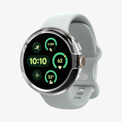 ACS07391 - Pixel Watch 2 Case Thin Fit in Crystal Clear showing the front, installed on a watch