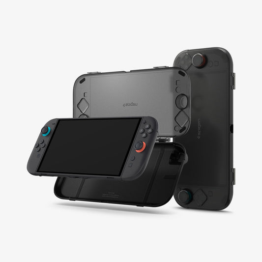ACS10487 - Nintendo Switch 2 Thin Fit 360 in Black showing the device hovering in front of the case and another device with the case