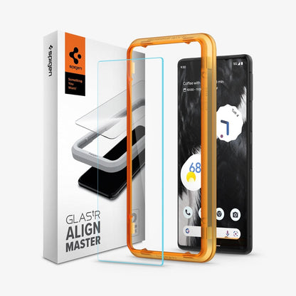 AGL05199 - Pixel 7 Screen Protector AlignMaster GLAS.tR showing the device, alignmaster tray, two screen protectors and packaging