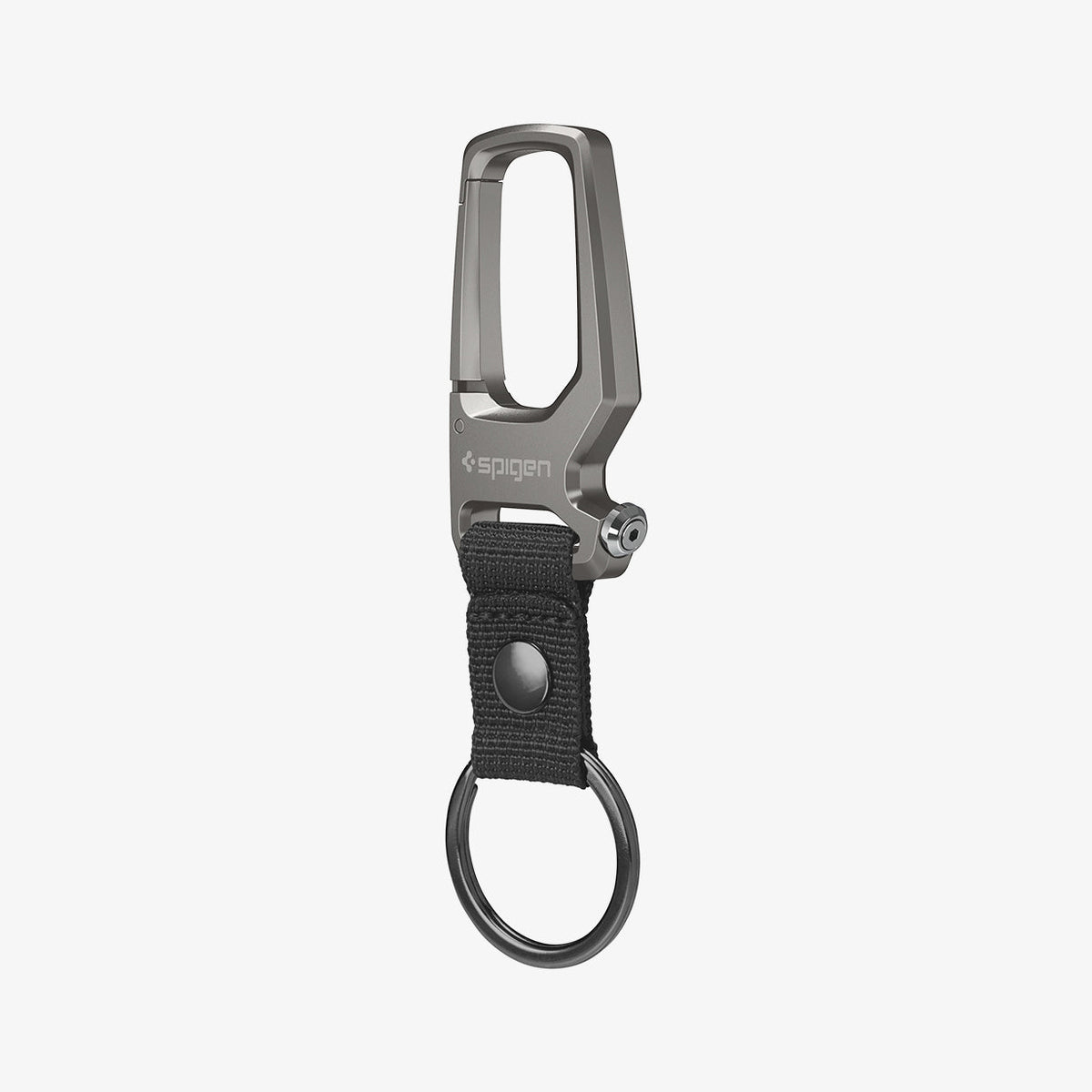 AHP01869 - Carabiner + Keyring in gunmetal showing the front and side