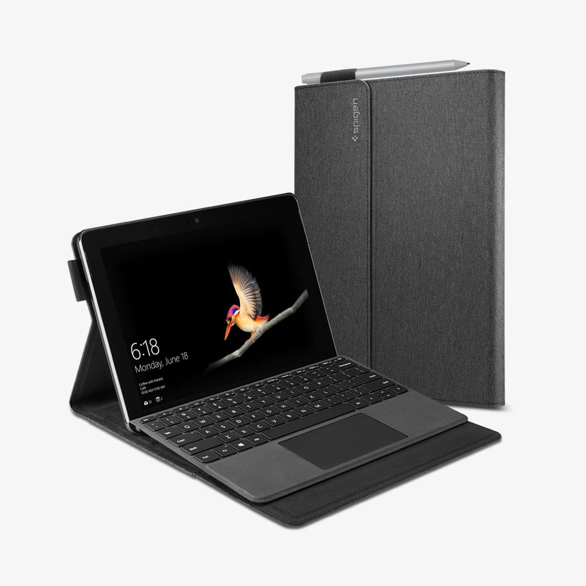 J06CS25185 - Surface Go 3 Case Stand Folio in charcoal gray showing the front and device propped up by built in stand